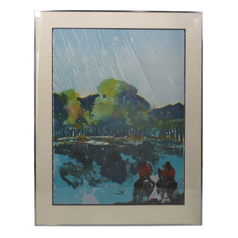 Earl Biss Color Lithograph "Indian Genre" '79: Earl Biss, American (1947-1998) Color Lithograph "When the Bighorns Ran True and Pure in the Reflection of God's Chosen People". Pencil signed and dated '79 upper right and numbered 33/100 lower left.