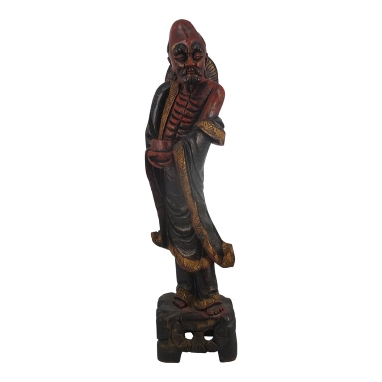 Large Chinese Carved Polychrome Figure Shou Lao: Large Chinese Carved Wood Polychrome Figure "Shou Lao". Unsigned. Measures 32" H. Condition: Wear and rubbing or in good condition consistent with age. Estimate 200 - 400 Domestic shipping Third Party