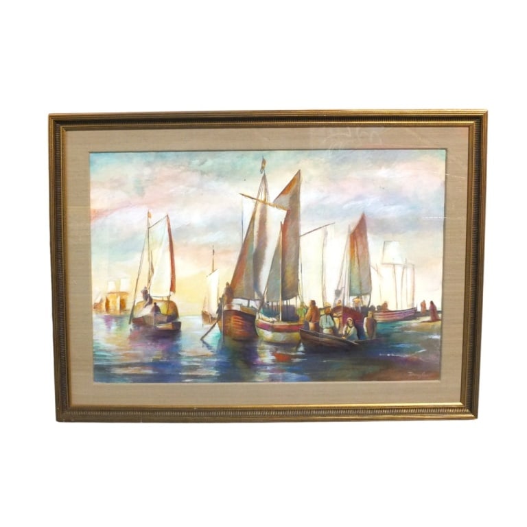 HUGE Pastel/Paper "Harbor Scene" Signed Douglas (1 of 5)