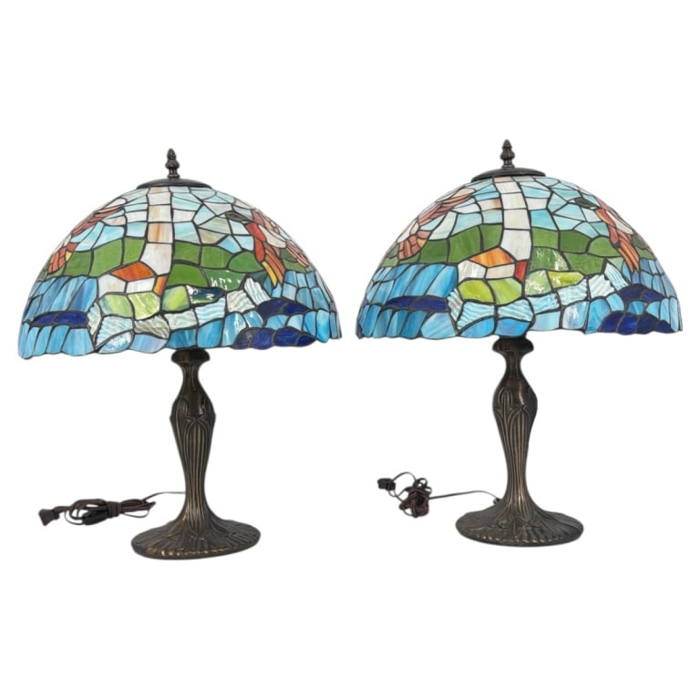 Pair Vintage Leaded Glass Lamps "Ducks": Pair Vintage Leaded Glass Lamps "Ducks". Patinated metal bases. Unsigned. Measures 20" H overall, shades measures 8-1/2" H x 15-1/2" diameter. Condition: Good condition consistent with age and use. Es