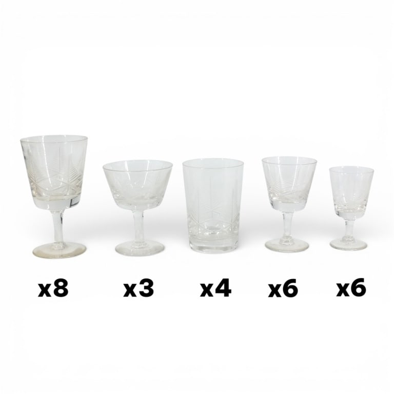 34 Vintage Royal Brierley Etched Crystal Barware: 34 Vintage Royal Brierley Etched Crystal Barware. Includes: 8 Wine Glasses, 5-1/2" 3 Coupes, 4" 4 Tumblers, 4-1/8" 6 Wines, 4-1/4" 6 Sherry, 3-3/4" 7 Cordials, 2-7/8" Signed. Condition: Good