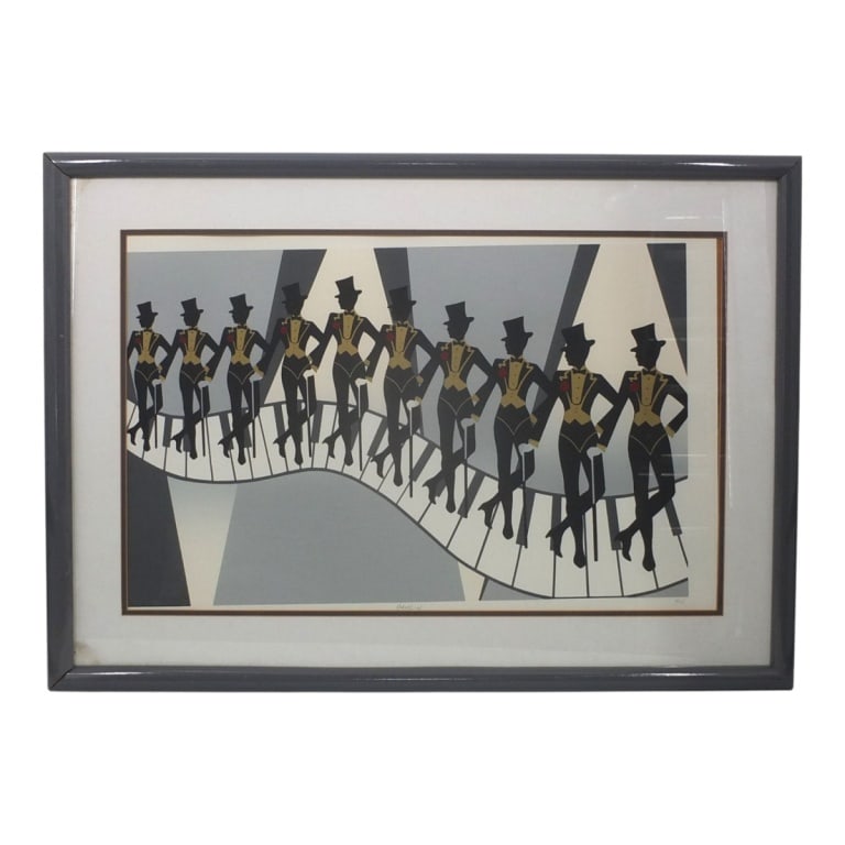 Fox Graphic Original Poster "Chorus Line": Fox Graphic Original Poster "Dancing". Pencil signed Fox, lower right. Framed and presented under glass screen. Measures 18" x 28-1/2", frame measures 26" x 36-1/2" Condition: Some stains to mat or in