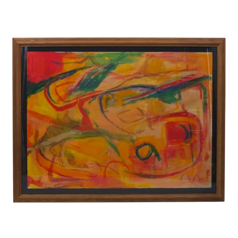Casein on Paper "Abstract" Signed Shulman: Possibly Morris Shulman, American (1912-1978) Casein on paper "Abstract". Signed lower left. Framed and presented under glass screen. Full sheet measures 22" x 30", frame measures 26-3/4" x 34-1/2". E