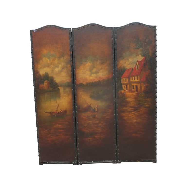 19C Hand Painted 3 Panel Leather Screen - 2