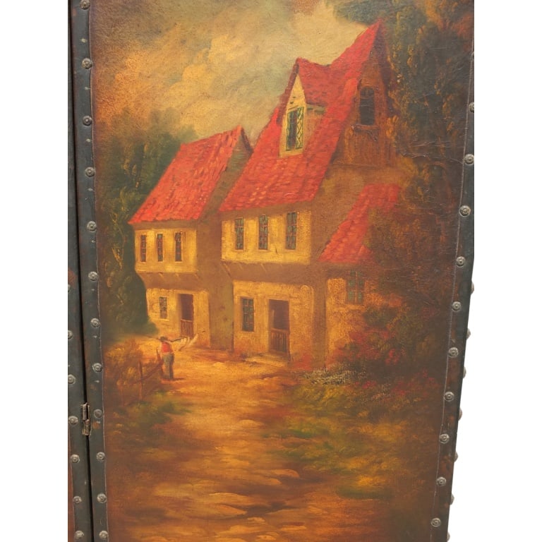 19C Hand Painted 3 Panel Leather Screen - 3