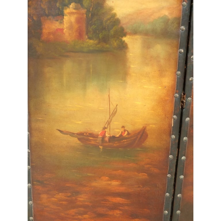 19C Hand Painted 3 Panel Leather Screen - 4