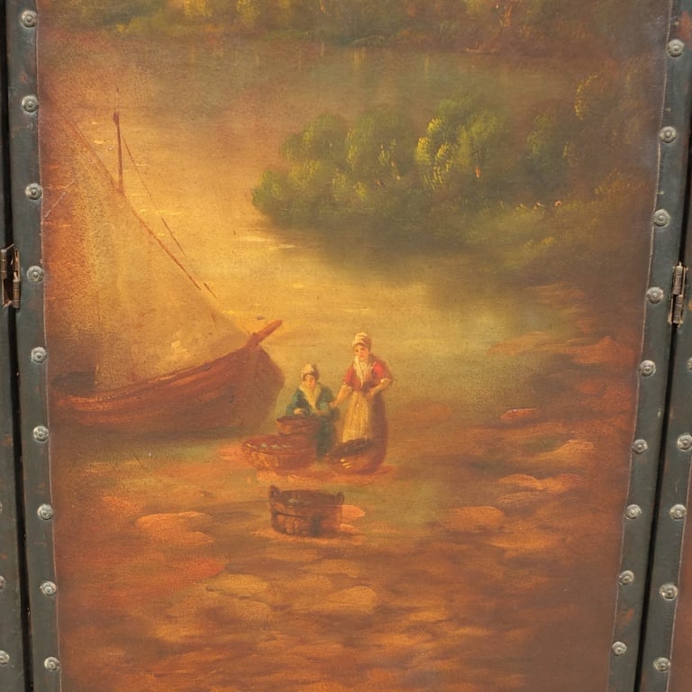 19C Hand Painted 3 Panel Leather Screen - 5
