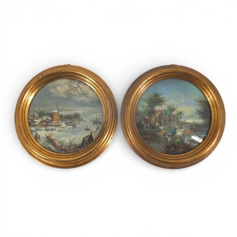 Pair 19C Oil on Copper Signed Van Olsen: Pair 19C Oil on Copper Miniature Paintings. Signed Van Olsen. Measures 6-3/4" diameter. Condition: Good condition. Estimate 100 - 200 Domestic shipping Third Party