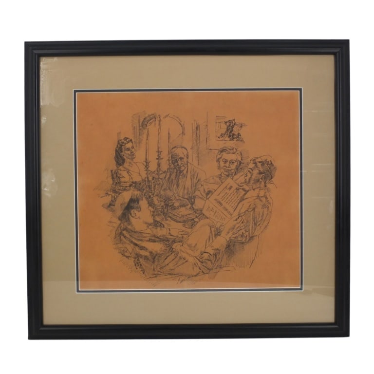 Vintage Judaica Ink drawing on Paper "Shabbat" (1 of 3)