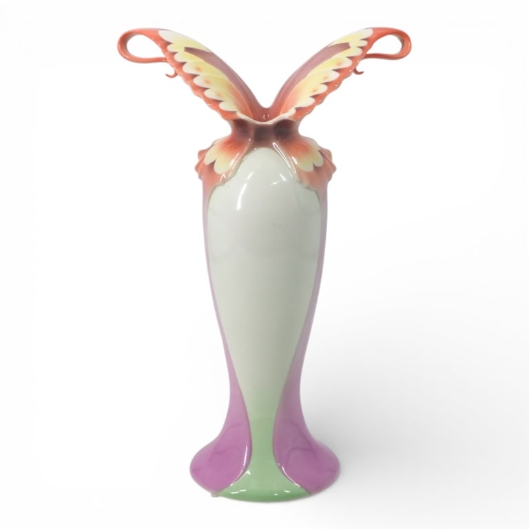 Franz Porcelain "Papillon" Vase: Franz Porcelain "Papillon" Vase. Signed on bottom. Measures 15" H x 10" W. Condition: Good condition. Estimate 100 - 200 Domestic shipping Third Party