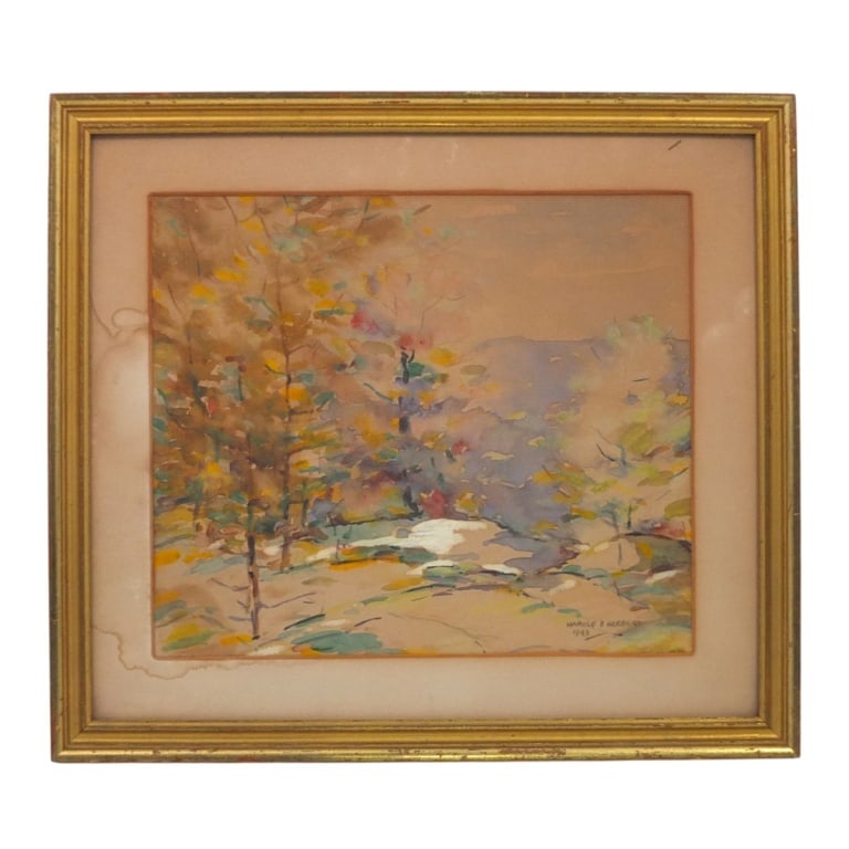 Harold Herbert Watercolor "Mountain Landscape": Harold Herbert, Australian (1892-1945) Watercolor on paper "Mountain Landscape". Signed and dated 1943 lower right. Framed and presented under glass screen. Measures 11-1/4" x 13-1/4", frame measures