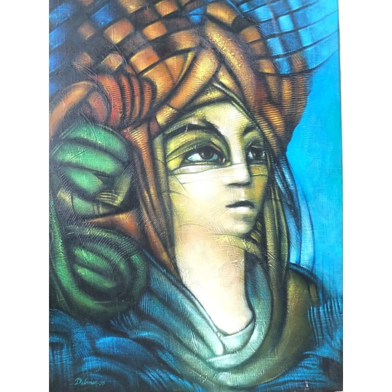 Delmer Meija Acrylic on Canvas "Abstract Portrait": Delmer Meija, Honduran (20th C) Acrylic on Canvas Abstract Portrait, titled "Contrastes Simultaneos". Signed and dated '95 lower left, inscribed verso. Measures 24" x 18" (sight), frame measures 29-1/