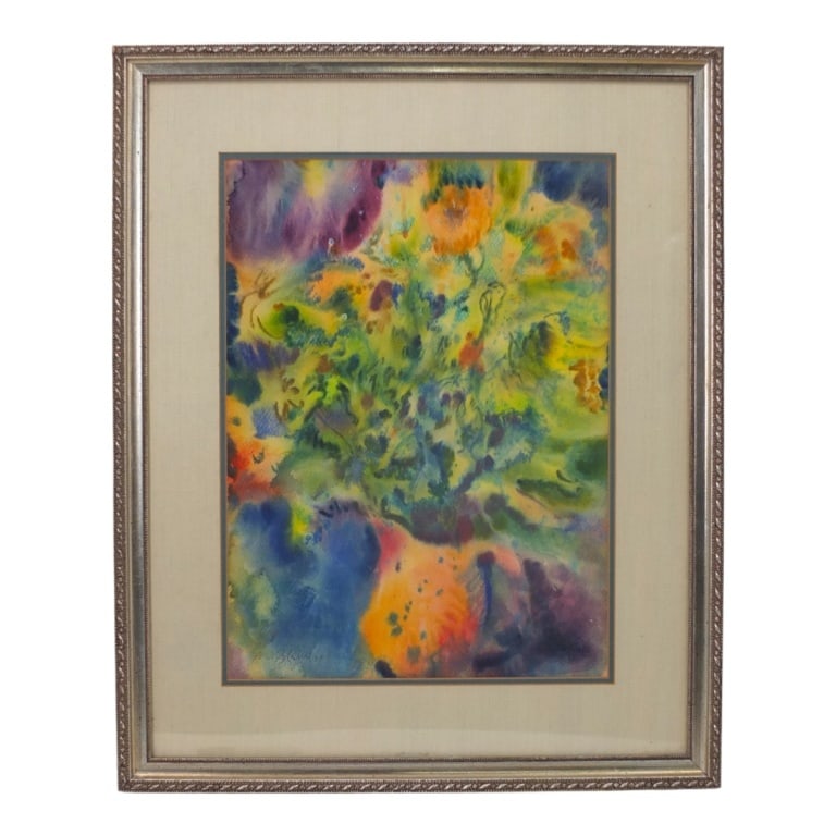Mid Century Watercolor "Flowers" Signed M. Blaine (1 of 5)
