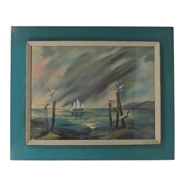 Jane Peterson Watercolor "Sailboat at Sea": Signed lower right, Jane Peterson, (American 1876-1965) Watercolor on paper "Sailboat at Sea". Framed and presented under glass screen. Measures 17-3/4" x 23-1/2" (sight), frame measures 25-3/4" x 31-