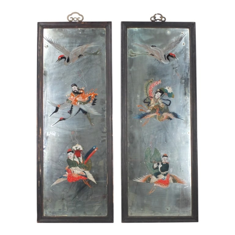 Possibly 18C Chinese Reverse Painted Mirror Plaque: Possibly 18C Chinese Reverse Painted Mirror Plaques. Each decorated with Immortals riding on mythical birds. Unsigned. Measures 40" x 15" including frames. Condition: Good antique condition