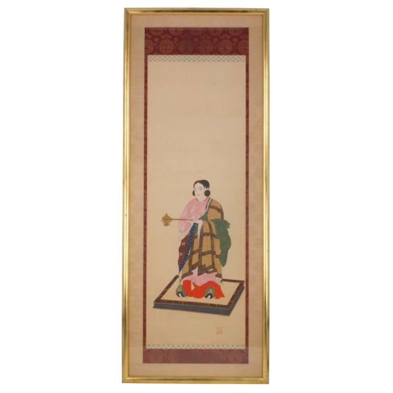 Vintage Japanese Hand Painted Scroll Incense Woman: Vintage Japanese Hand Painted Scroll "Incense Woman". Signed with stamped seal lower right. Framed, matted and presented under plexi-glass. Measures 64" x 24" overall. Condition: Good condition consis