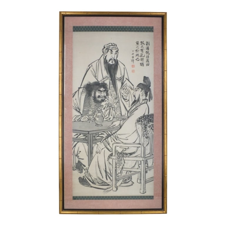 Chinese Ink Painting Romance of the Three Kingdoms: Chinese Ink Painting "Romance of the Three Kingdoms". Calligraphy and red seal upper right. Framed, matted and presented under glass screen. Measures 67" x 35-1/2". Condition: Good condition