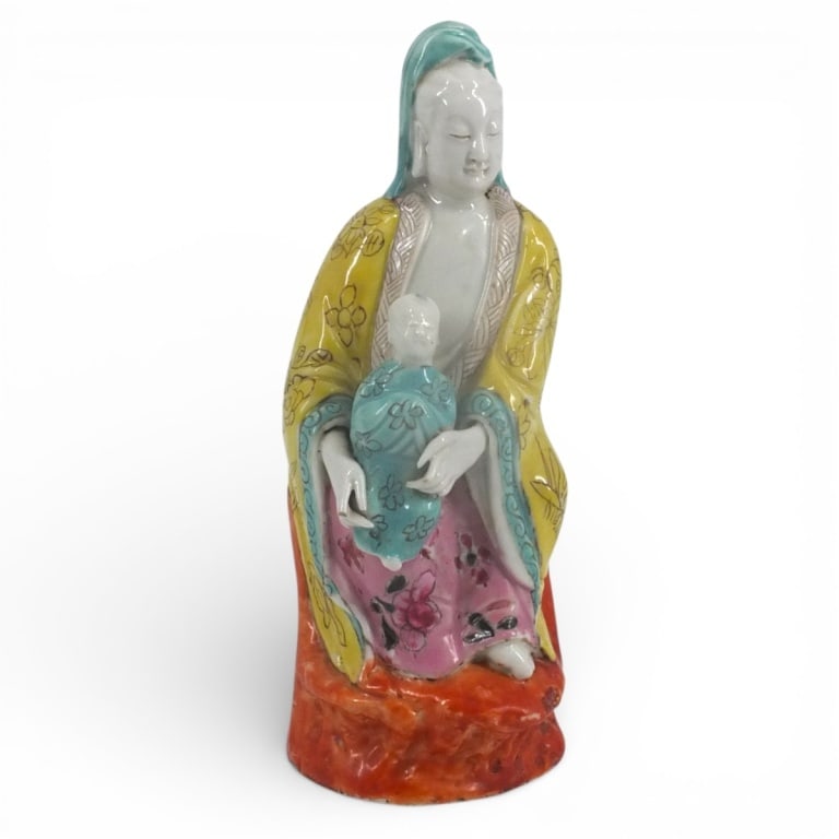 Vintage Chinese Famille Rose Figure of Guanyin: Vintage Chinese Famille Rose Porcelain Figure of Seated Guanyin with Child. Unsigned. Measures 8-1/4" H. Condition: Small losses to fingers or in good condition. Estimate 100 - 300 Domestic shipping