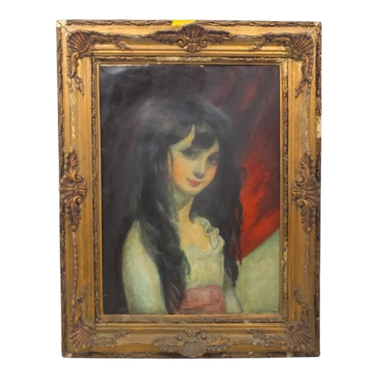 Mid-Century Oil on Canvas "Big Eye Girl": Mid-Century Oil on Canvas "Big Eye Girl". Unsigned. Measures 27" x 19-1/2" (sight), frame measures 37" x 28-1/2". Condition: Frame with losses and repairs, the canvas is in good condition and consiste