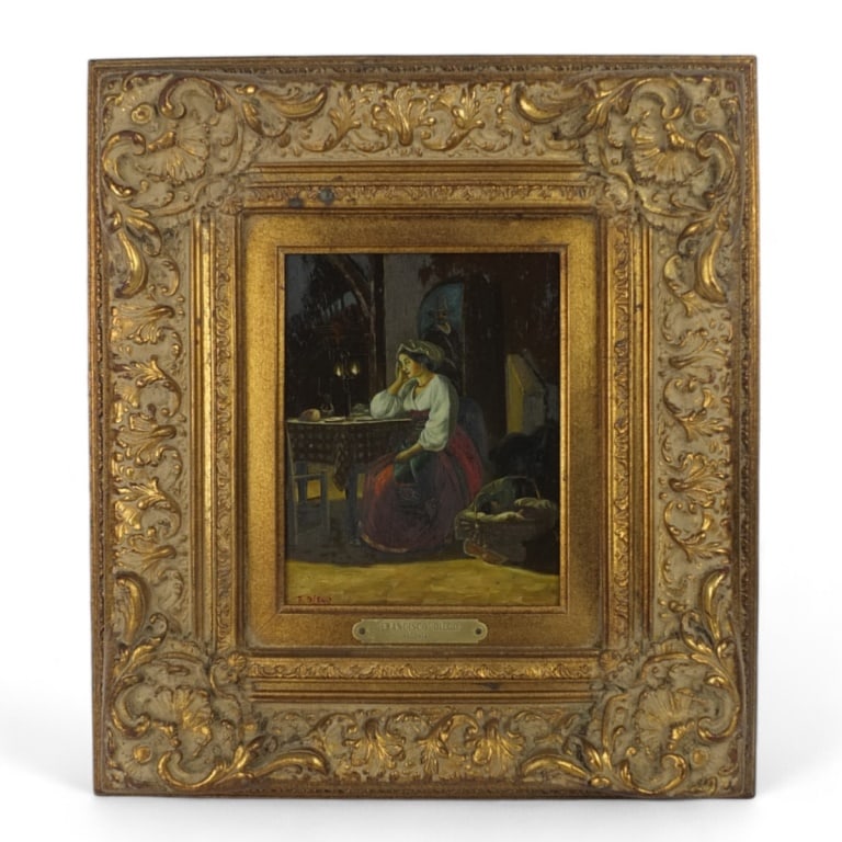 Francisco Diego, Spanish (19/20th C.): Francisco Diego, Spanish (19/20th Century) Oil on Wood Panel "Interior Scene with a Woman with Child" Signed Lower Left. Tag reads the artist name and is marked Segovia. Measures 10" x 8". Frame