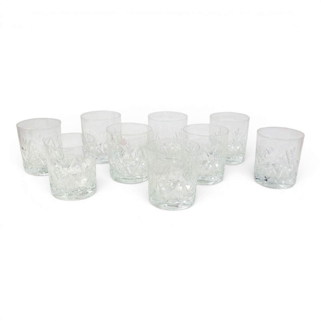 9 Crystal Old Fashioned Glasses: 9 Crystal Old Fashioned Glasses. Remnants of a label (illegible). Measures 3-5/8" Condition: Good condition. Estimate 50 - 100 Domestic shipping Third Party