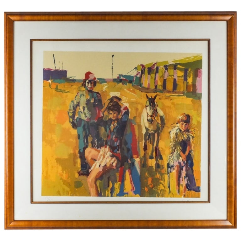 Nicola Simbari, Italian (1927 - 2012): Nicola Simbari, Italian (1927 - 2012) Serigraph on Paper "La Famille Du Cirque" Signed and Numbered 53/300. Sight measures 32" x 35". Frame measures 44" x 46-1/2". Condition: Good condition. Estimate