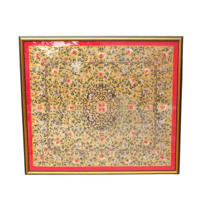 Massive Chinese Silk Embroidered Panel: Massive Chinese Imperial Fine Silk Embroidered Panel Presented in Frame. Sight measures 65-1/4" x 74-1/4". Frame measures 70-3/4" x 79-3/4". Condition: Good condition. Estimate 1500 - 2500 Domestic