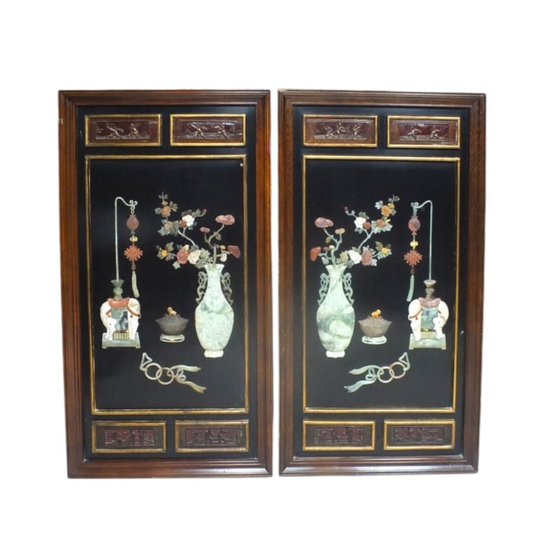 Pair of Chinese Semi Precious Inlaid Panels: Pair of Large Chinese Semi Precious Stone Inlaid and Polychrome Wood Wall Hanging Panels. Measures 51-1/4" x 26-3/4". Condition: Both panels have some wear to the edge of the wood. Inlay in good