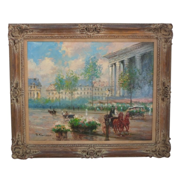 Jacques Deveau Oil on Canvas "Paris Street Scene": Jacques Deveau (French, b. 1937) Oil on Canvas "Paris Street Scene". Signed lower left. Measures 24" x 30", frame measures 31-1/2" x 37-1/2". Condition: Good condition. Estimate 400 - 600 Domestic