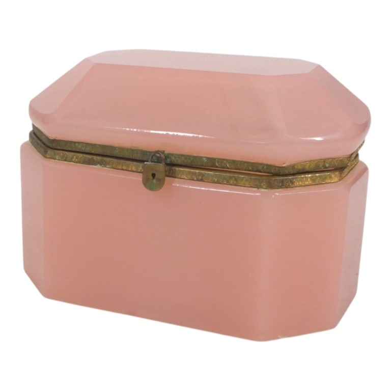 Antique French Pink Opaline Dresser Box: Antique French Pink Opaline Glass Dresser Box with Bronze Hardware. Measures 5" x 7" x 4". Condition: Has slight wear to one side of the hinge offsetting the top. Two small nicks to the base