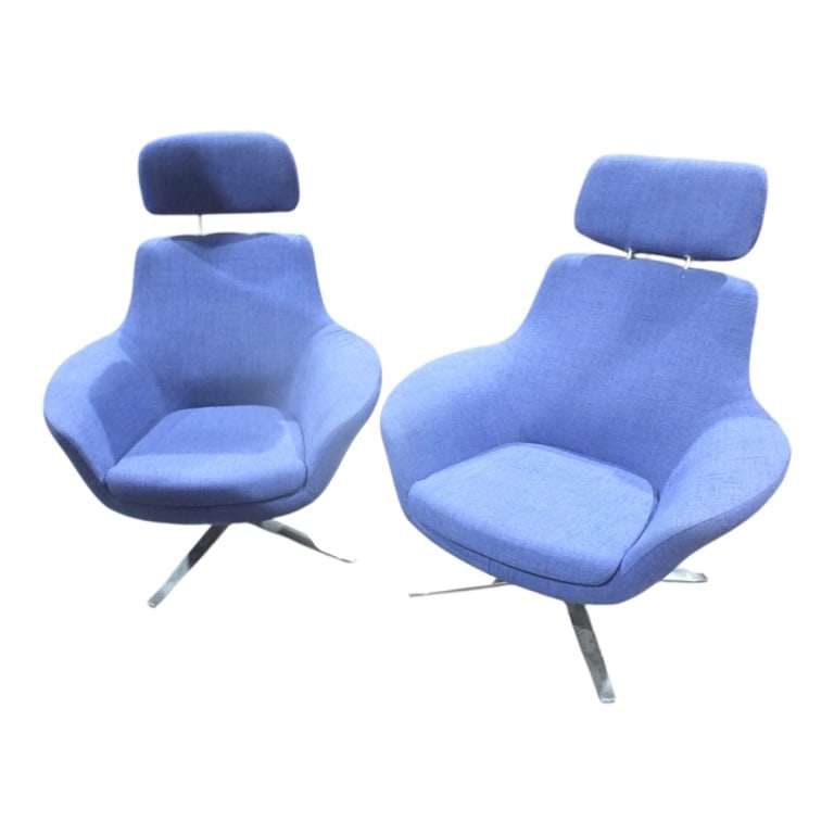 Pair of Bob Swivel Lounge Chairs: Pair of Upholstered Bob Swivel Lounge Chairs with Headrest. Measures 43-1/2" x 54-1/2", 17" seat height. Condition: Good condition. Estimate 500 - 800 Domestic shipping Third party
