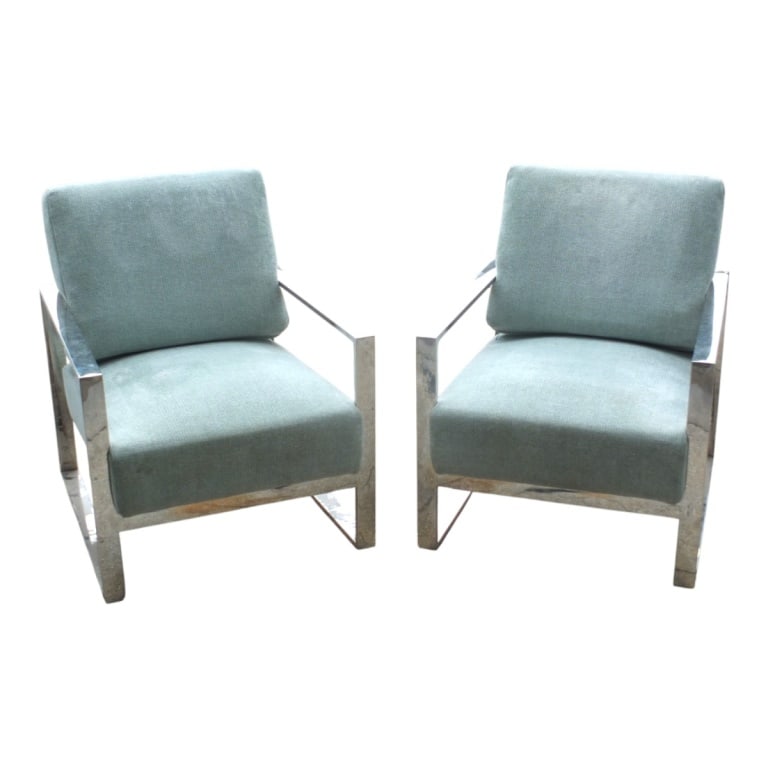 Pair of Chrome and Upholstered Armchairs: Pair of Chrome and Upholstered Armchairs. Measures34" x 26-3/4" x 30-1/2", 17" seat height. Condition: Good condition. Estimate 400 - 600 Domestic shipping Third party