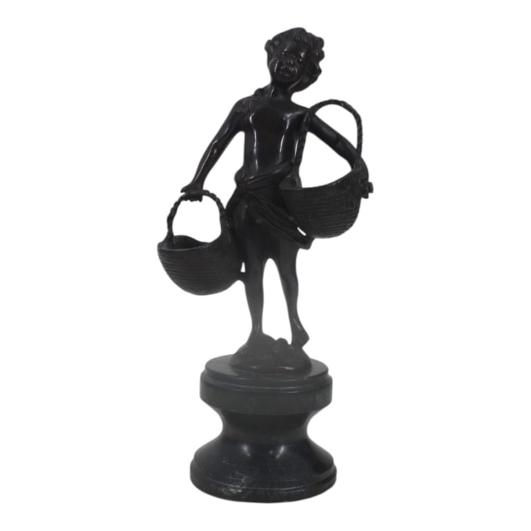 Suzanne Bizard Antique Bronze "Girl with Baskets": After Suzanne Bizard (French, 1873-1963) Antique Bronze "Girl with Baskets" on marble base. Signed at base. Measures 12" x 5-1/2". Condition: Good antique condition Estimate 150 - 350 Domestic