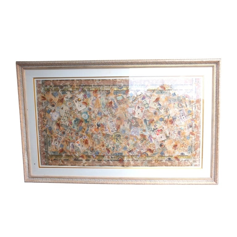 Melanie Boone (20th Century): Melanie Boone (20th Century) Massive Mixed Media Collage on Paper "Abstract Composition." Unsigned. Sight measures 45" x 84". Frame measures 102-1/2" x 64-1/2". Condition: Good condition. Estimate