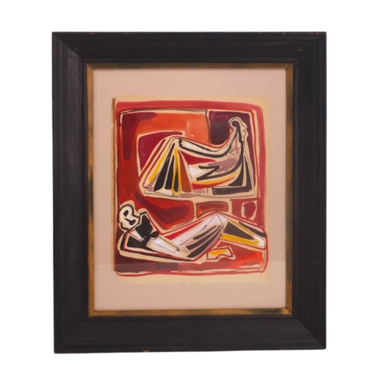 Style of Bram Van Velde Gouache "Reclining Nudes": Style of Bram Van Velde, Dutch (1895-1981) Mid Century Gouache "Reclining Nudes". Signed and dated '55 lower right. Framed and presented under glass screen. Full sheet measures 15" x 12-3/4", frame