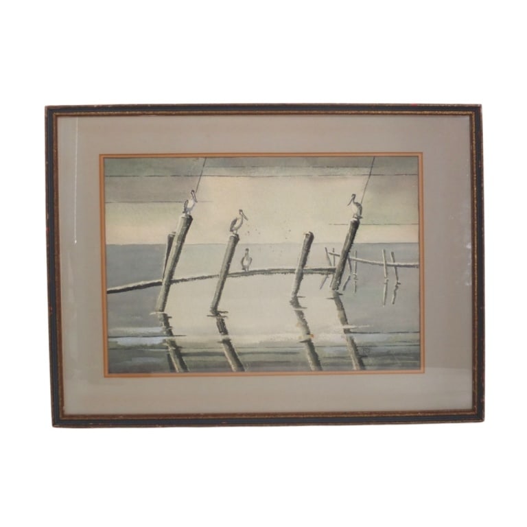 Possibly Dirk Nijland Watercolor "Pelicans": Dirk Nijland (Dutch, 1881-1955) Watercolor on paper "Seascape with Pelicans". Monogrammed ND lower right. Measures 14" x 20-1/2" (sight), Frame measures 21-1/4" x 28-3/4". Estimate 100 - 1000