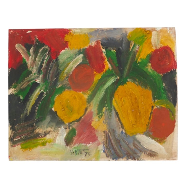 Oil on Canvasboard "Abstract" Signed Yektai '75: Vintage Oil on Canvasboard "Abstract". Signed Yektai and dated '75 (possibly Manoucher Yektai, Iranian (1921 – 2019) Unframed. Measures 16" x 20". Condition: Good condition consistent with age and