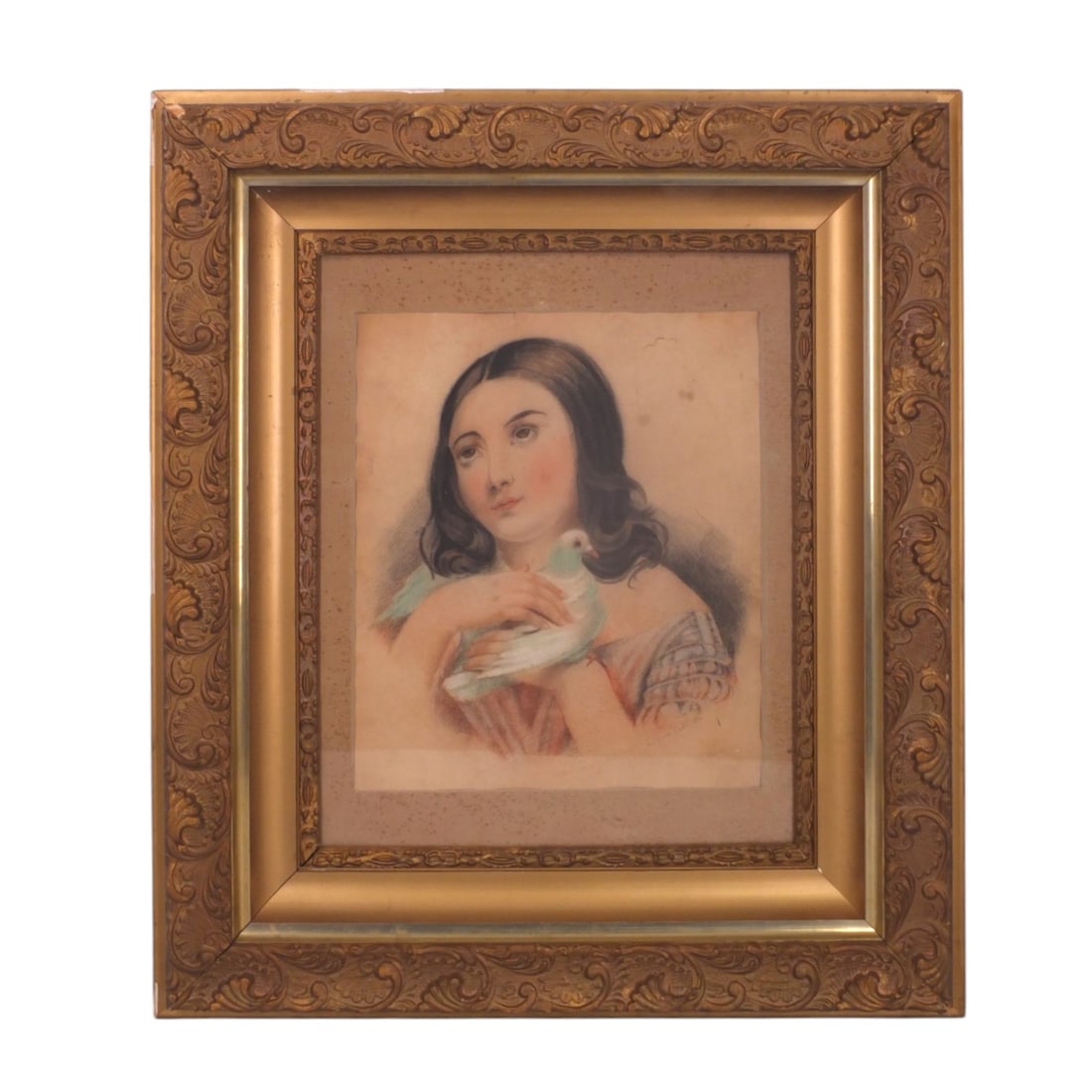 Antique Pastel, Woman with Dove, Sgnd L. Alma-Tadem: Antique Pastel and Charcoal "Woman with Dove". Signed lower right: L. Alma-Tadem (German 1836-1912). Frame d and presented under glass screen. Measures 16" x 13-1/2", frame measures 30-1/4" x