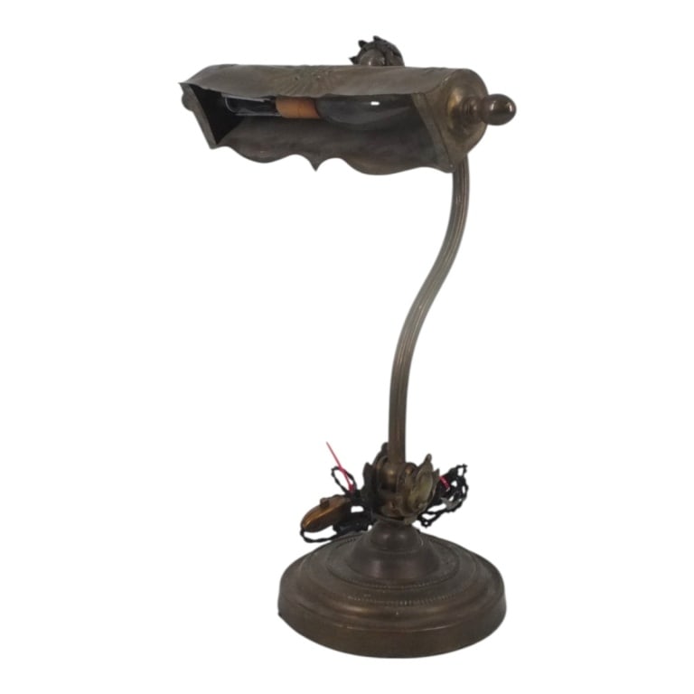 French Art Nouveau Brass Piano Lamp, circa 1900: French Art Nouveau Brass Piano/ Desk/ Bankers Lamp, circa 1900. Unsigned. Measures 14-1/2" H x 11-1/2" W. Condition: Good condition consistent with age and use. Estimate 150 - 350 Domestic shipping