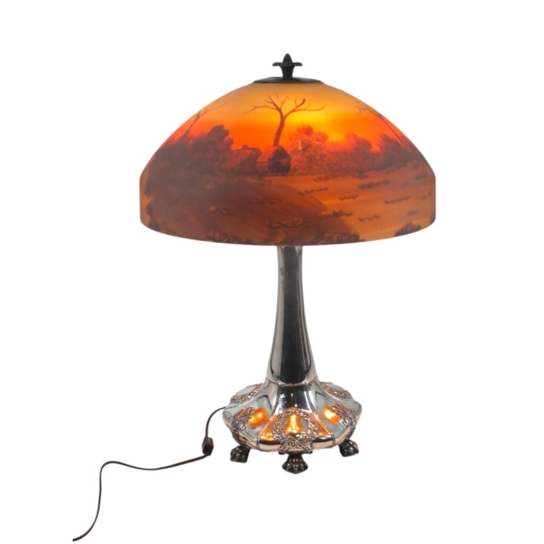 Pittsburg Lamp Reverse Painted Shade, Plated Base: Antique Pittsburgh Lamp Co. or Handel Reverse Painted Lampshade on Silver plated base, possibly Meriden Britannia Company. Decorated with a continuous scenic landscape. The base with 4 lights, classic