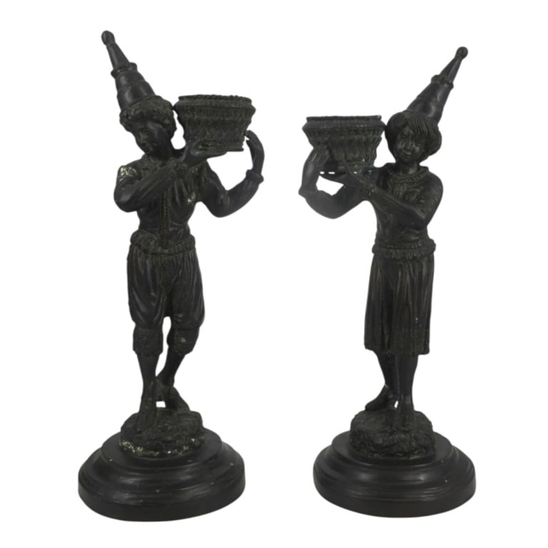 Vintage Pair Bronze "Nubian" Candleholders: Vintage Pair Bronze "Nubian" Candleholders. Unsigned. Measures 17" H. Condition: Some dings at base, condition consistent with age, use and storage. Estimate 150 - 350 Domestic shipping Third Party