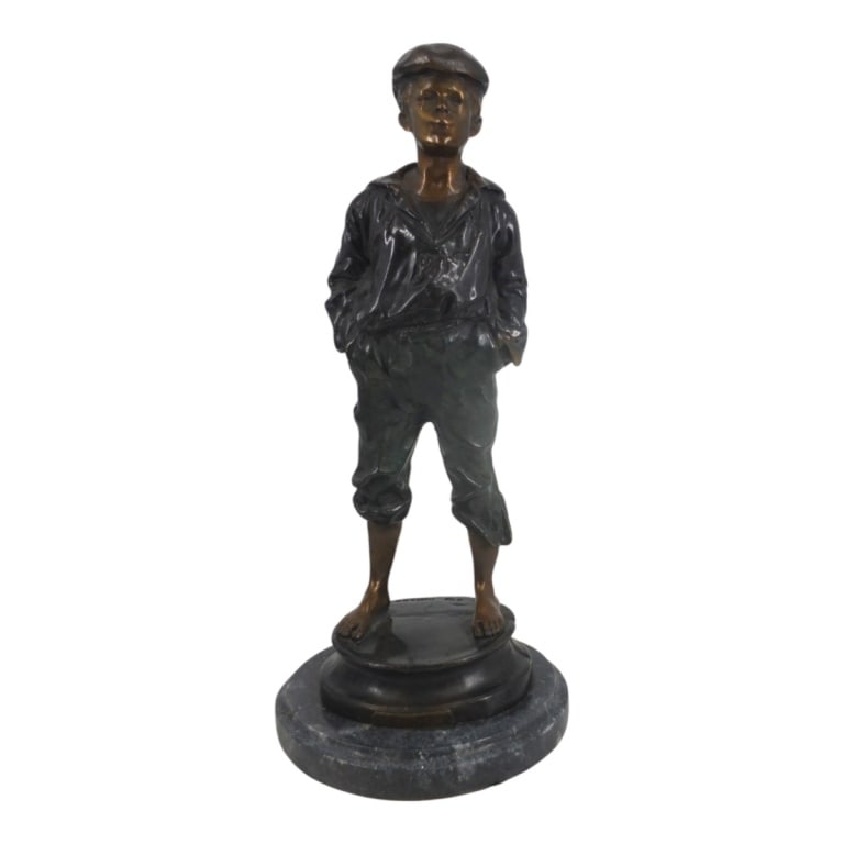 Vintage Bronze Figural Sculpture "The Whistler": Vintage Patinated Bronze Figural Sculpture on Marble Base "Mousse Siffleur - the Whistler". Signed A. Moreau. The original sculpture is actually by Victor / Waclaw Szczeblewski (Polish, 19th C).