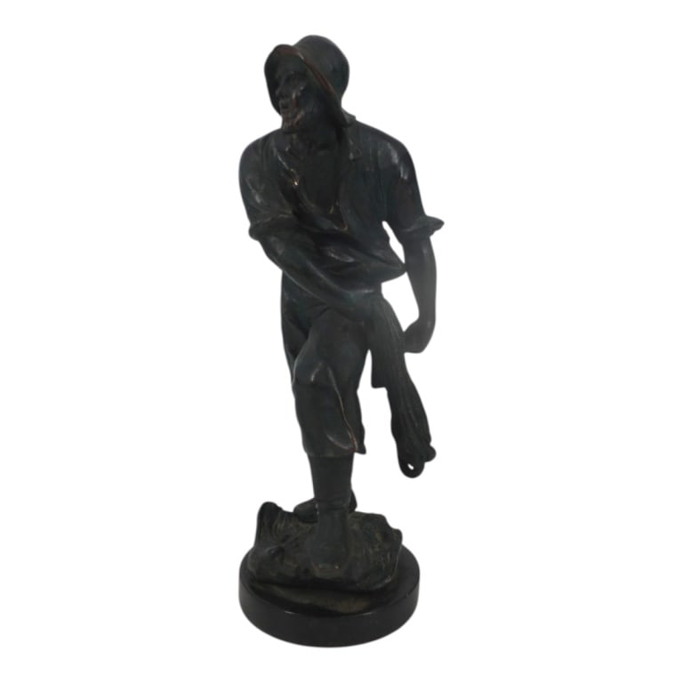 After Antoine Bofill Cast Iron Figure "Fisherman": After Antoine Bofill (Spanish, 1894-1939) Vintage Cast Iron Sculpture "Fisherman". Unsigned. Measures 10-3/4" H. Condition: Rubbing to the surface otherwise good condition. Estimate 100 - 200