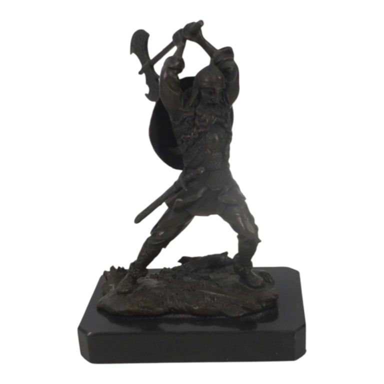 Vintage MILO Bronze Figure "Viking Norse Warrior": Vintage Max Milo (1938-1976) Bronze Figure on Black Onyx Base "Viking Norse Warrior". Signed. Measures 10". Condition: Good condition consistent with age and storage. Estimate 150 - 250 Domestic shipp