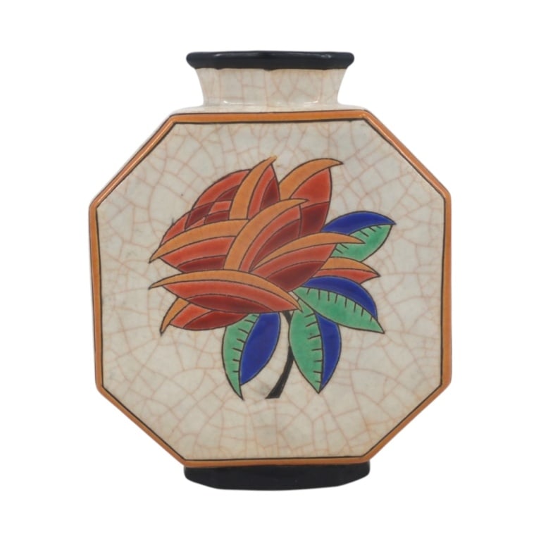 Longwy Art Deco Octagonal Pottery Vase: Longwy Art Deco Period Octagonal Pottery Vase. Signed. Measures 7" x 5-1/2" x 2". Condition: Good condition. Estimate 200 - 400 Domestic shipping Third Party