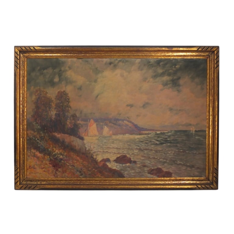 W.C. Kent (19/20th Century): W.C. Kent (19/20th Century) "Coastal View" Oil on Canvas, Signed Lower Left. Measures 24" x 36". Frame measures 28-1/2" x 40-1/2". Condition: Toning to the canvas. Very small puncture hole to the