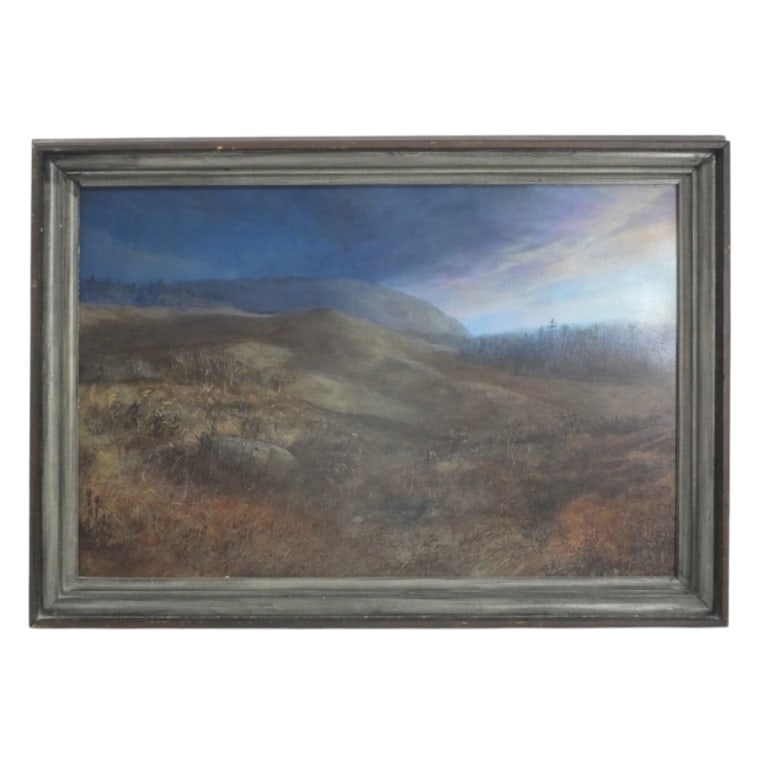 Acrylic/Canvas "Blueberry Barrens" Ernest O Brown?: Possibly Ernest O. Brown, (American 1944-2019) Acrylic polymer on board "Blueberry Barrens". Initialed EB lower right. Biography affixed to verso. Measures 25" x 16-1/2", frame measures 28" x