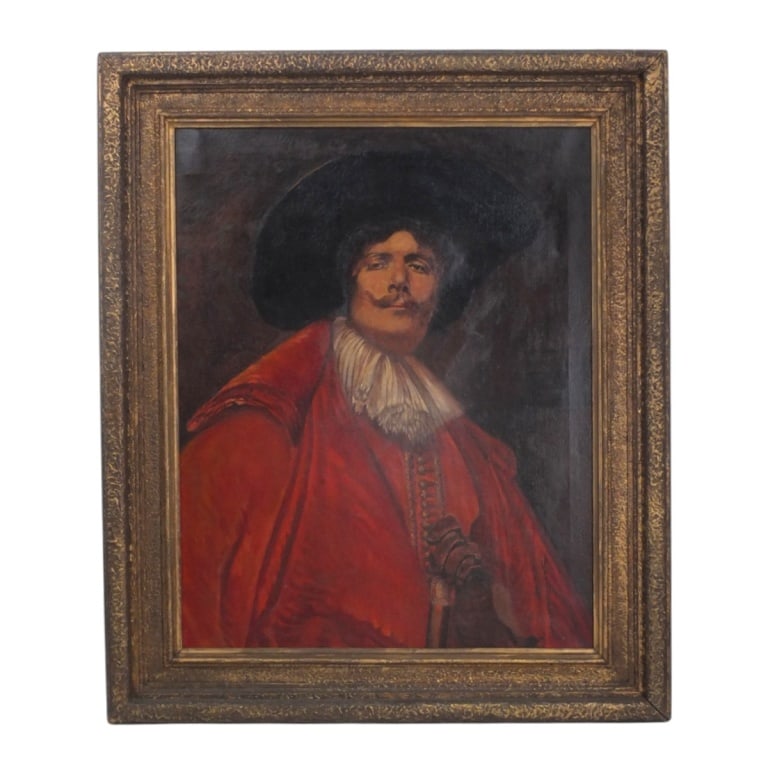 After Alex de Andreis Oil/Canvas "Cavalier": After Alex de Andreis (Belgian, 1880-1929) Vintage Oil on Canvas "Portrait of a Cavalier". Unsigned. Measures 30" x 24", frame 38" x 32". Condition: Light craquelure or in good vintage condition.
