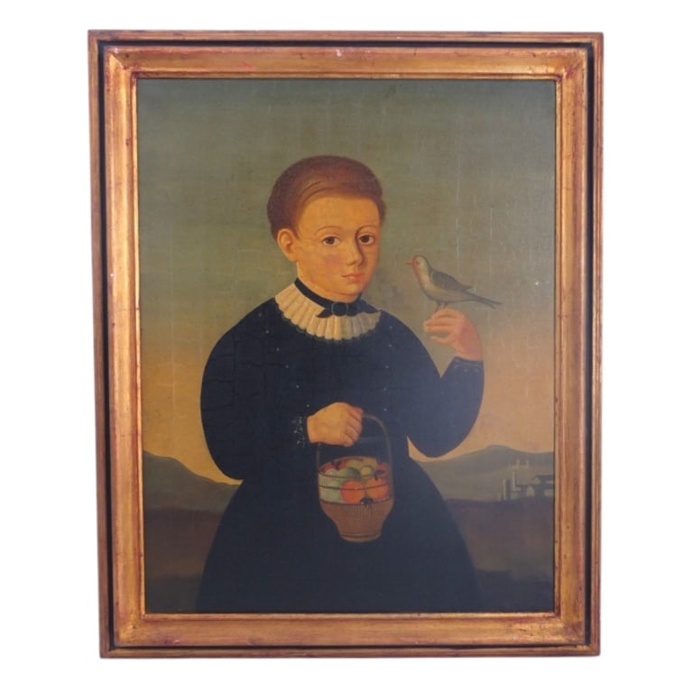 Antique Oil/Canvas Folk Art Primitive Child w/Bird: Antique Oil on Canvas Folk Art Primitive "Child with Bird". Unsigned. Measures 24-1/2" x 19", frame measures 28-1/2" x 23". Condition: Antique relining & restoration, craquelure, condition consistent