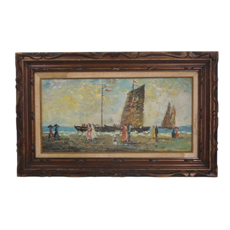 After: Eugene Boudin (1824 - 1898): After: Eugene Boudin (1824 - 1898) Oil on Canvas "Beach Scene" Signed Lower Right. Sight measures 12" x 24". Frame measures 19-1/2" x 31-1/2". Condition: Good condition. Estimate 300 - 600 Domestic